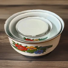 Vintage Enameled Metal Nesting Bowls Set of 4 Floral Pattern 1970s