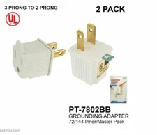 (2) White GROUNDING ADAPTERS Electrical Wall Plug 3 Prong Socket 2 Prong Plug 