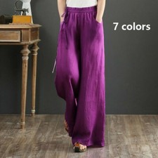 Women Cotton Linen Wide Leg Pants Loose Retro Culottes Solid Casual Trousers