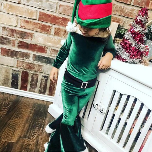 Kids Girls Suit Christmas Cosplay Patchwork Pullover Tops Pants Hat Belt Outfits - Picture 9 of 14