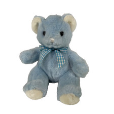 Vintage Russ Bootsy Blue Teddy Bear Rattle Plush Checkered Bow Stuffed Animal