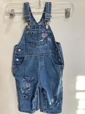 VTG 2000 Baby Gap Denim Blue Jean Floral Embroidered Overalls 6-12 months