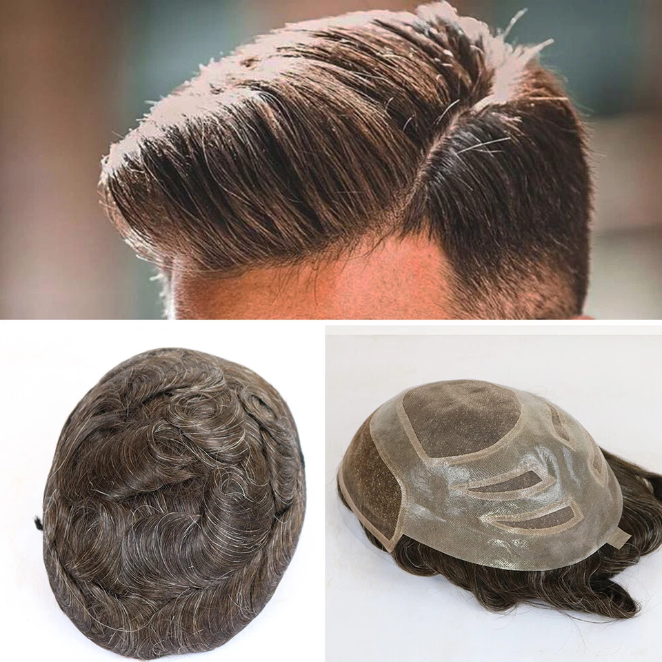 PU with Lace Base Men Toupee Natural Hairline 100% Human Hair System Prosthesis - Image 4 of 4