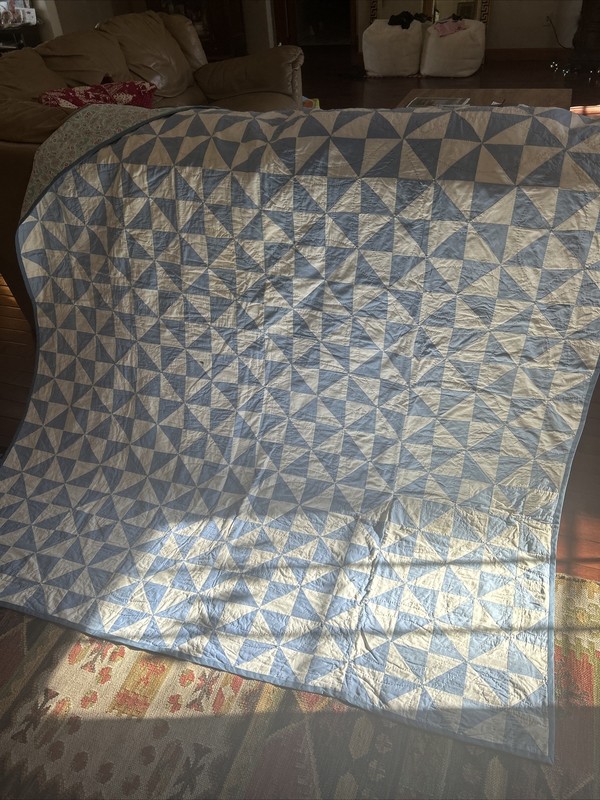 Light Blue Pinwheel Twin Quilt Stitched In Red Reversible Hangable