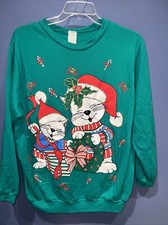 1X Vintage Christmas Sweatshirt, Green, Cats, Wreath, Presents Glitter USA