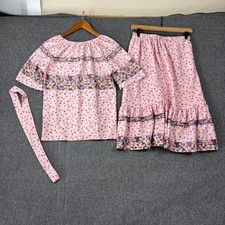 Vintage 70s Pink Floral 2 Piece Skirt Set Blouse Tiered Skirt Cottagecore Small