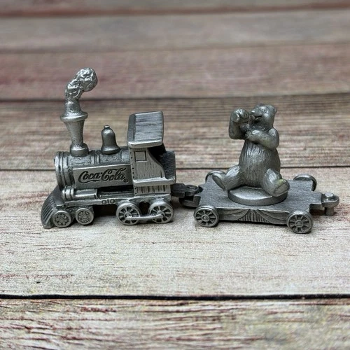 Vintage Coca Cola Miniature Pewter Train 2 Piece Set Engine & Bear