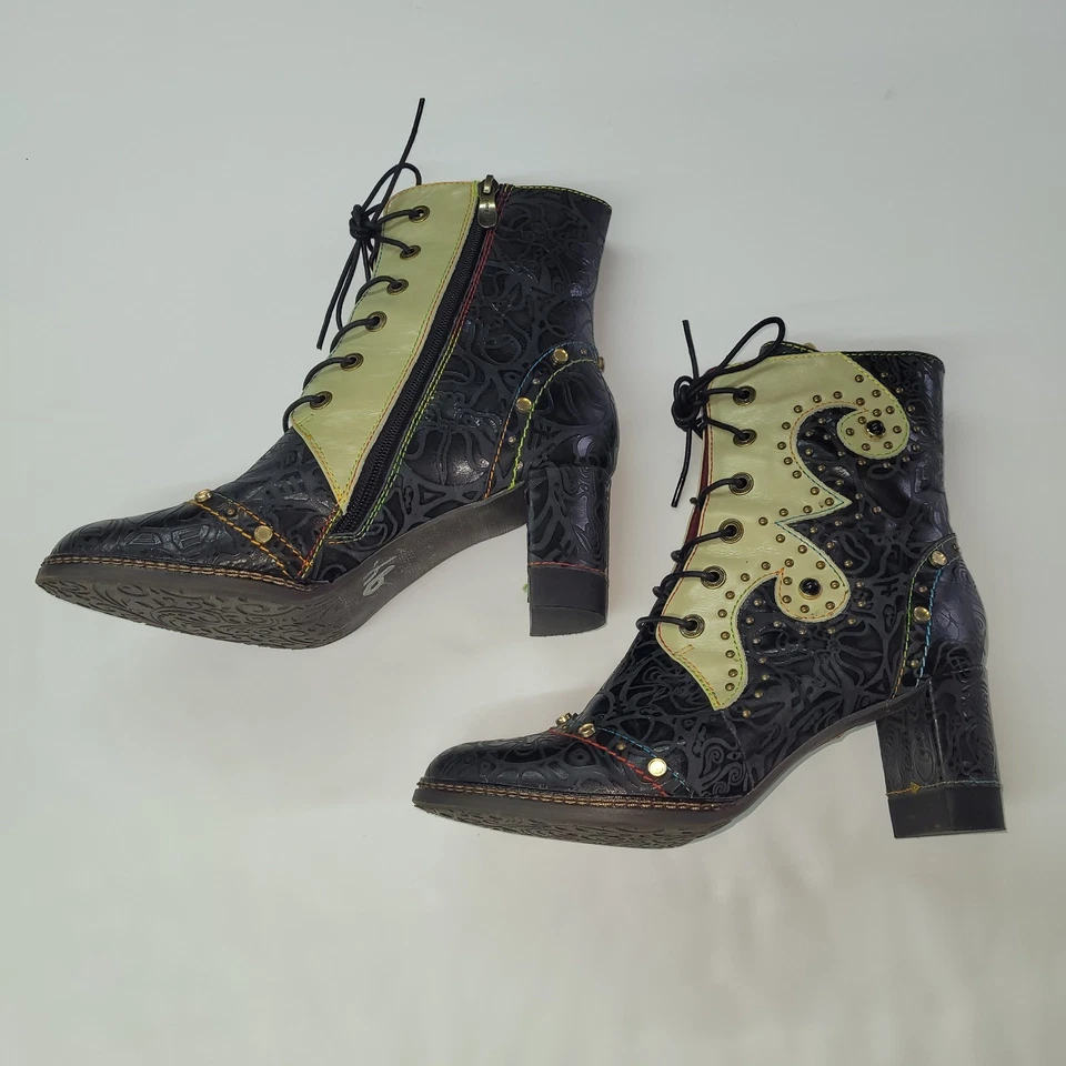 L'Artiste Spring Step JULE-BM Black Leather Embossed Studded Ankle Boots EU 40 - Image 2 of 4