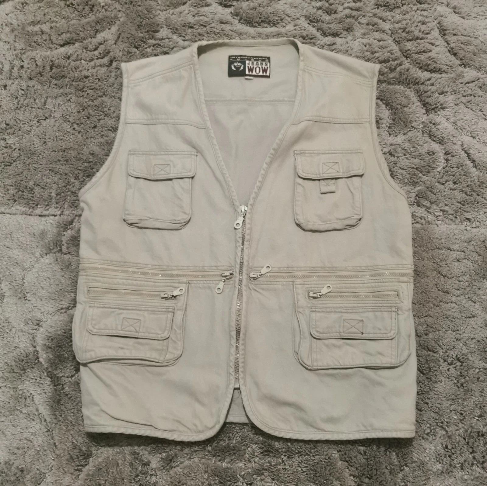 Vintage Multi-Pocket Utility Vest Gilet Men's XL Beige Full Zip Fishing Hunting