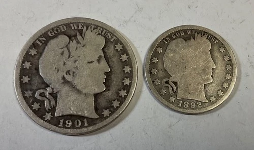 1892S Barber Quarter & 1901O Barber Half Dollar USA two coins lot lower grade