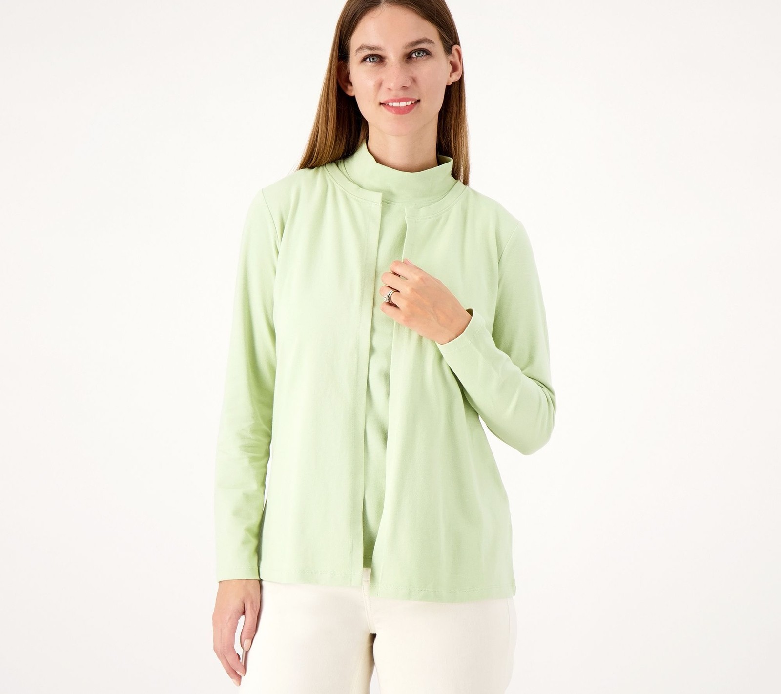 Denim & Co. Women's Top Sweater Sz L Essentials Perfect Jersey Green A395127