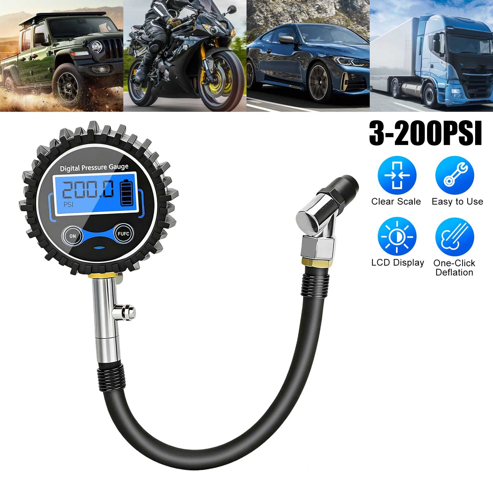 Digital Tire Pressure Gauge 200 PSI 45° Angle Air Chuck w/ Hose Accurate for Car