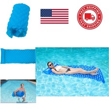 Comfortable Pool Float Mattress Blue Vinyl with Integrated Pillow for Relaxation