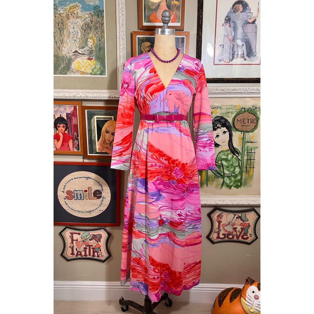 Vintage 1970s Laui Kai Hawaiian Floral Maxi Dress Pink Tropical Long Sleeve  Gown | eBay