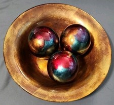Set of 3 Art Spheres Pink Red Gold Blue Decor Balls Orbs, With Bowl