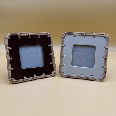 Set/2 Vintage Ceramic Brown And Tan Frames Woven Straw Border 3 x3  See Pics