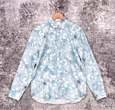 Paul Smith Shirt Medium Mens Tailored Fit Blue Linen Floral Long Sleeve