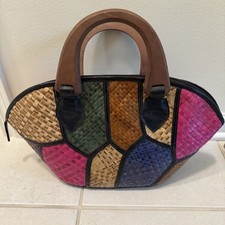 Handwoven Straw bag, Top Wooden Handles, Colorful, Vintage