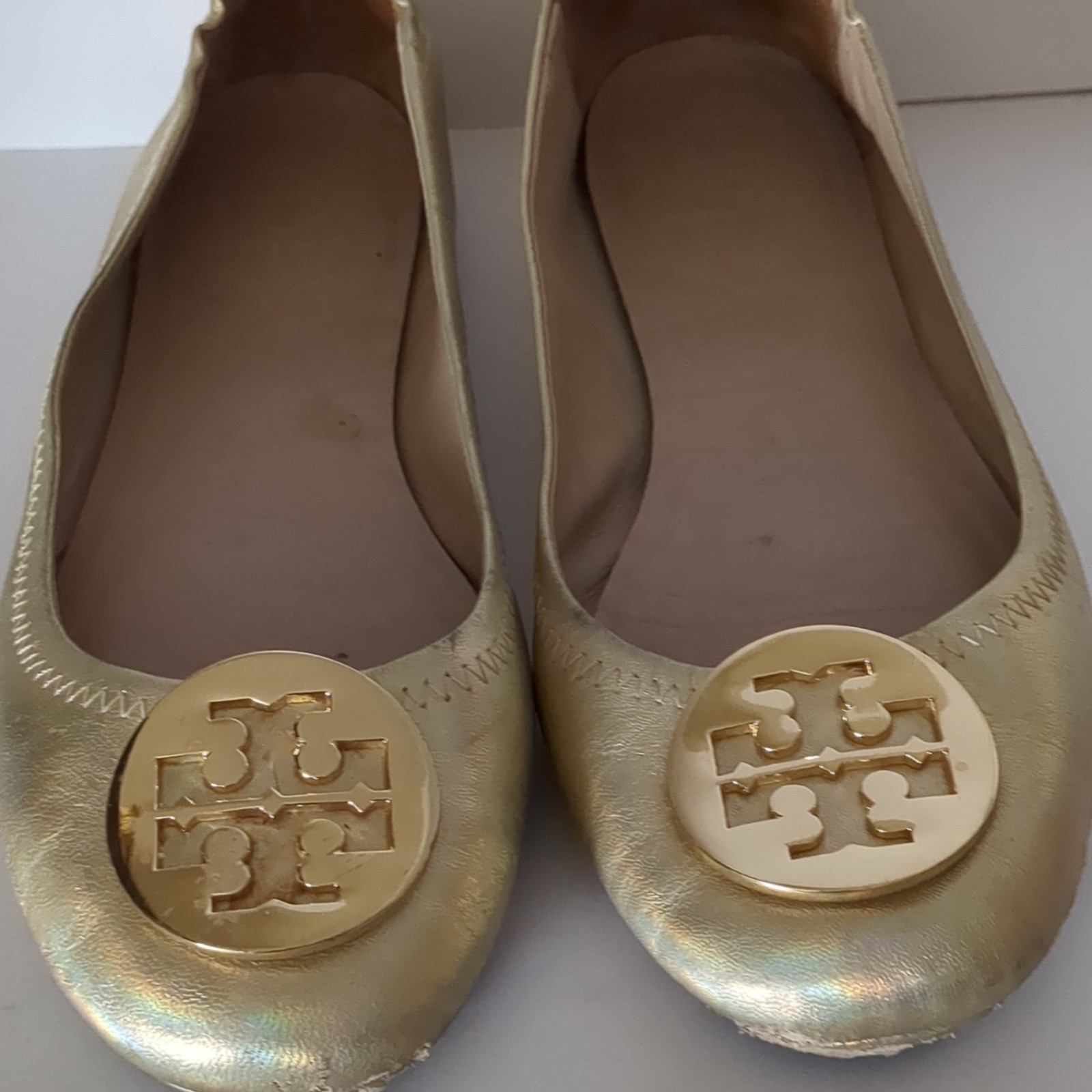 Tory Burch Gold Ballet Flats Logo Leather Slip On Women's