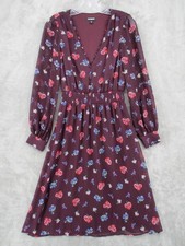 Express Dress Small Floral Sheer Sleeve V Neck Button Cottage A Line Maroon Boho