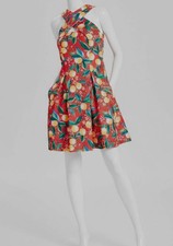 Vince Camuto Women's Red Scuba Crepe Printed Halter Fit & Flare Dress Size 4