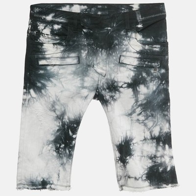 Balmain schwarz/weiß Batik ausgefranster Saum Distressed Denim Shorts XS Tail...