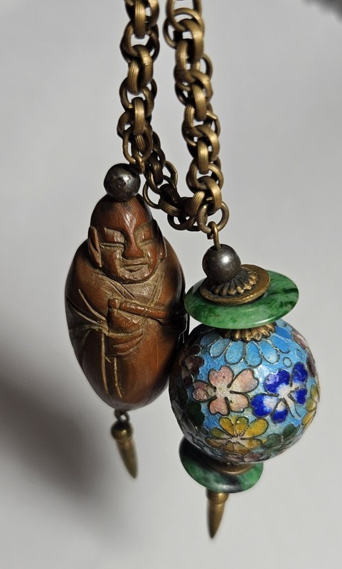 Antique Chinese Round Cloisonne & Carved Hediao Walnut Bead