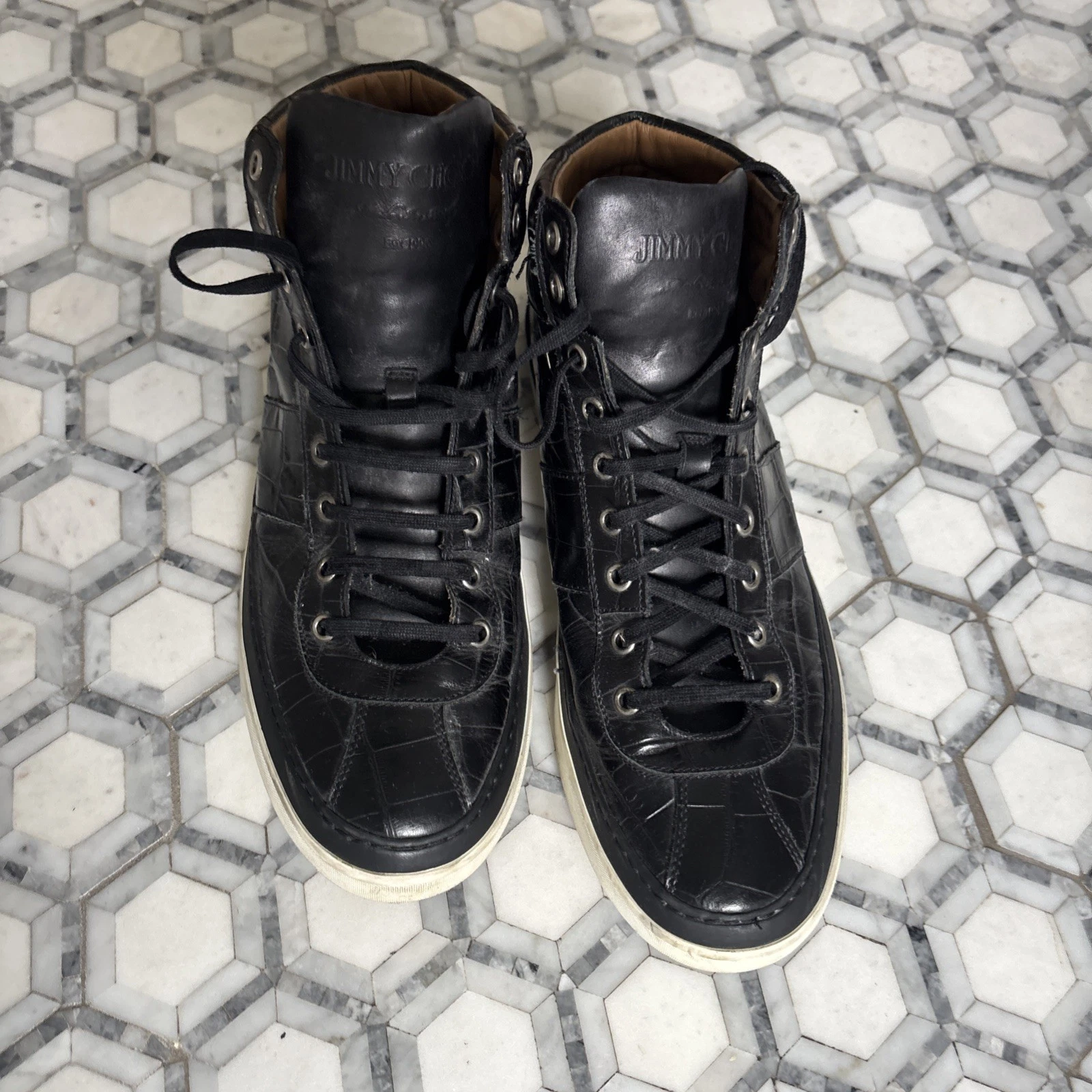 Jimmy Choo Belgravia Black Crocodile High Top Leather Sneakers US 11
