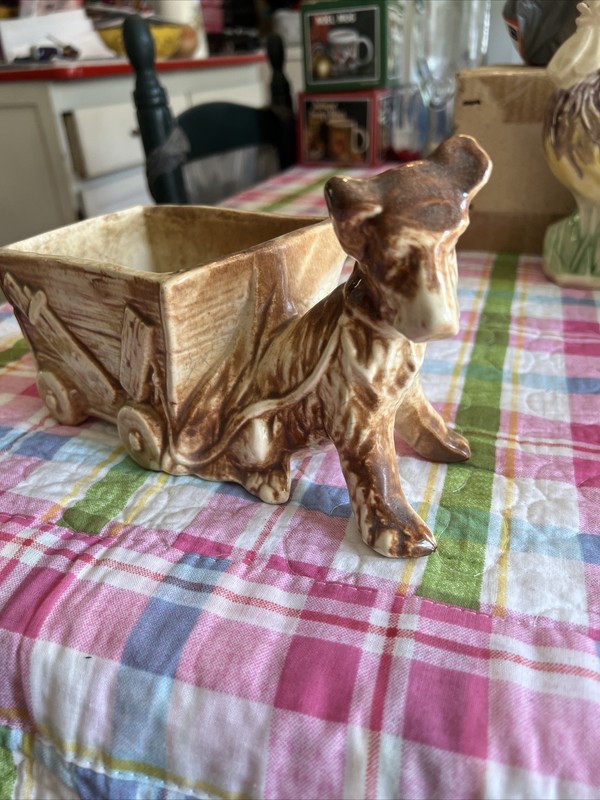 Vintage McCoy Art Pottery Dog Pulling Wagon Planter Pot