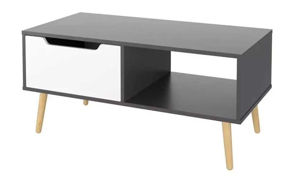Coffee Table, Grey Modern Tea Table Open Storage Shelves, Two Drawers and Solid - Image 2 of 4