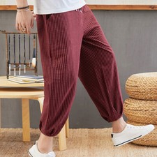 Mens Linen Cotton Capri Pants Striped Drawstring Tapered Trousers Harem Pants