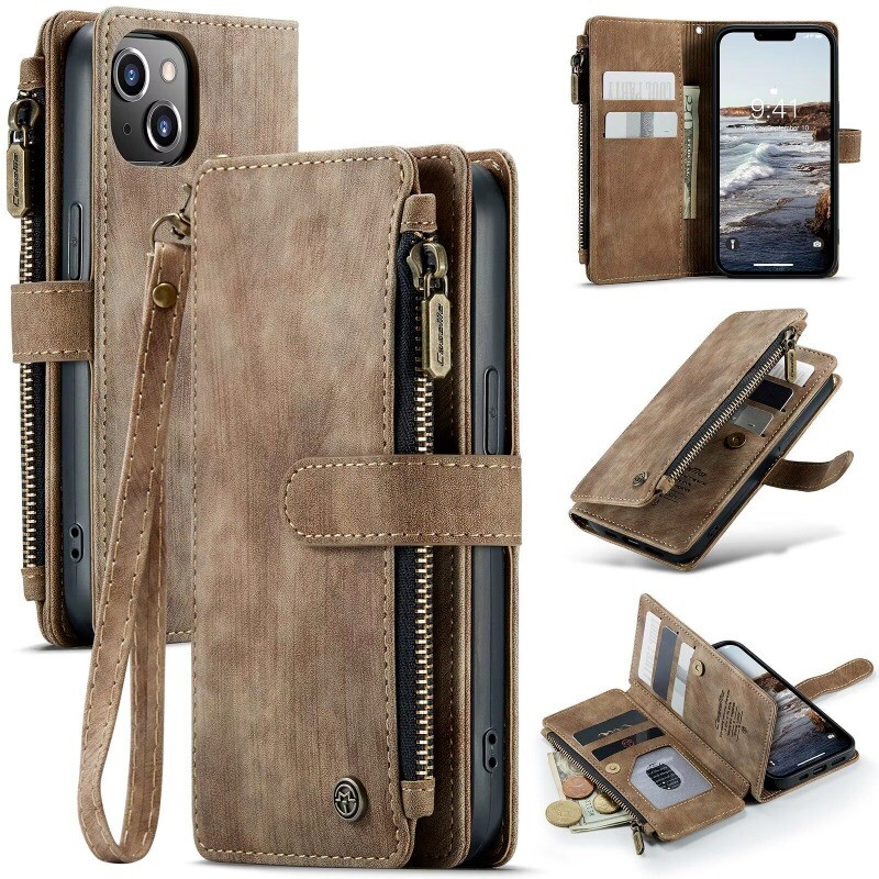 For iPhone 16 15 14 13 12 11 Pro Max X SE 8/7 Plus Zip Leather Wallet Case Cover