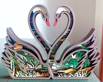 Love Swans Heart Water Scene Wood Wooden Diorama 3D Sculpture Figure New
