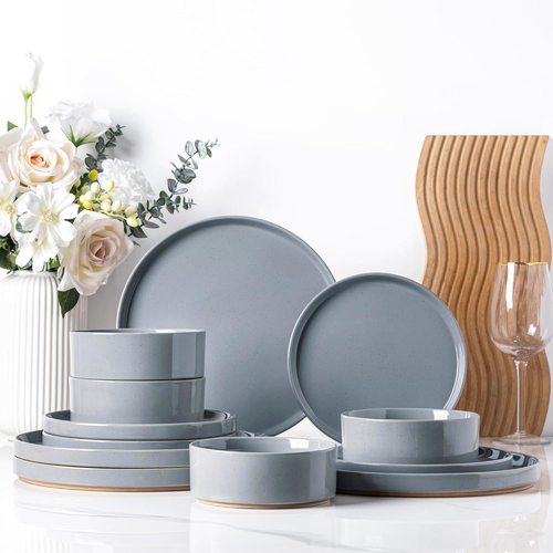 Ceramic Dinnerware Set for 4 | Speckled Stoneware Plates and Bowls with Unglazed