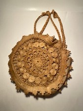 Vintage 1960s Straw Rattan Tote Purse Wicker 12" Round Beach Bag Case Beige