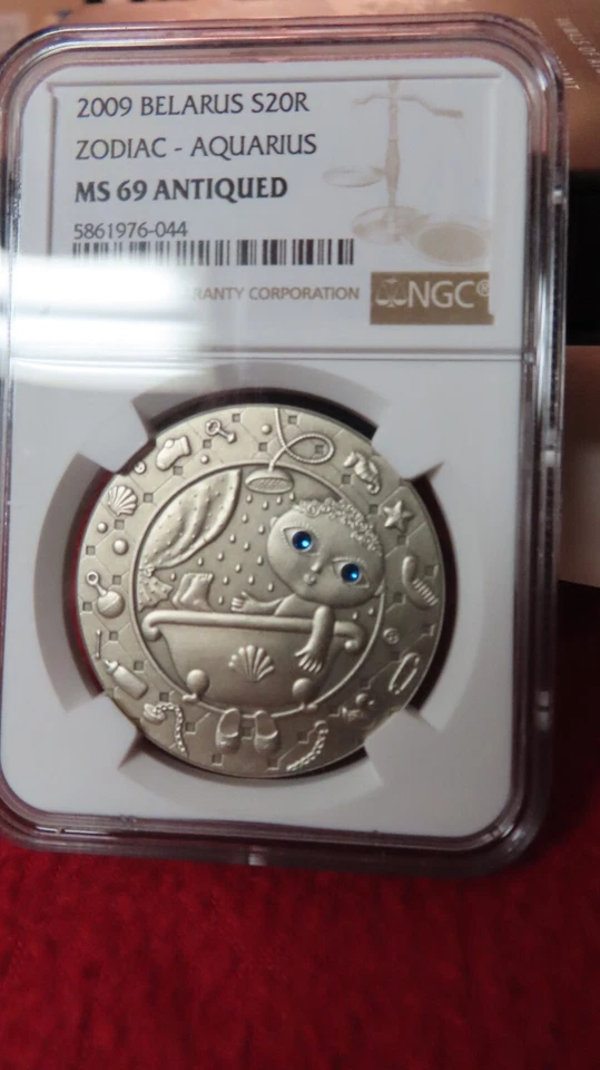 Moneda de plata Ojos de Swarovski de 1 oz signos del zodiaco de Bielorrusia Acuario NGC PCGS MS69 1 oz .999 Foto 4 de 4
