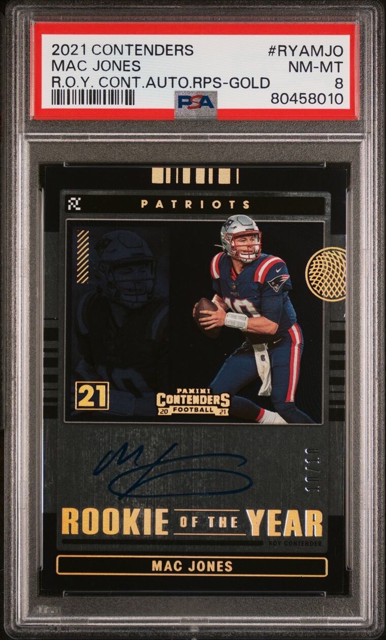 Mac Jones Panini Contenders Rookie of the Year Contenders Autographs Rps #RYAMJO Gold