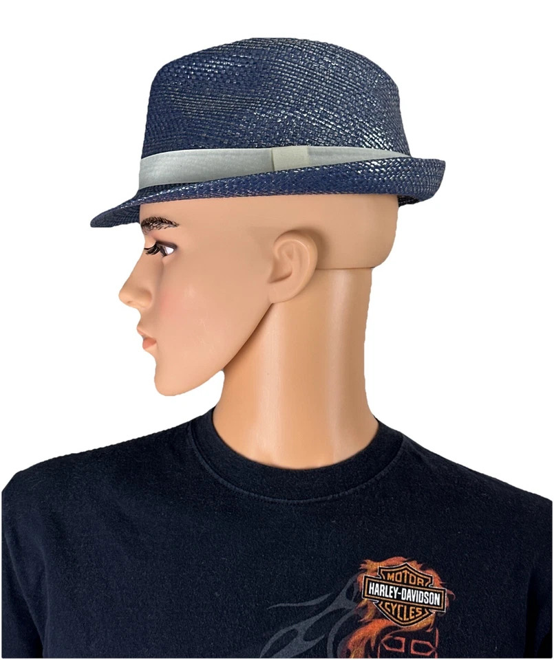 Sombrero Fedora Tejido Azul Pollywood Banda Blanca Unisex Adulto Pajita de Papel Foto 4 de 4