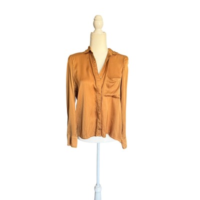 YOUNG FABULOUS AND BROKE Susan Satin Button Down Blouse in Rabbit (S)
