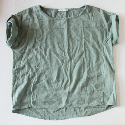 Cable Gauge Woman's L 44 Linen Blend Sage Beachy Boxy Roll Sleeve Coastal Summer