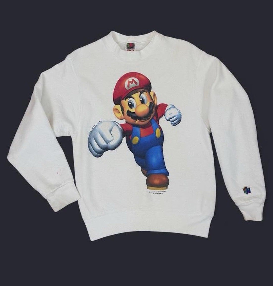 Mario 1996 Nintendo White Cotton Crewneck Kawaii Long Sleeve Sweatshirt Adult S