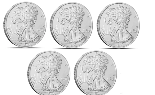 Lot of 5 – 1 oz .999 Fine Silver Walking Liberty Design