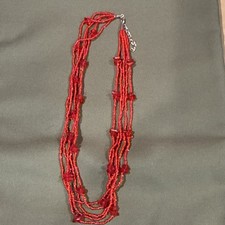 Red Multi-Strand Beaded Necklace Ball/Bead Chain Lobster Clasp