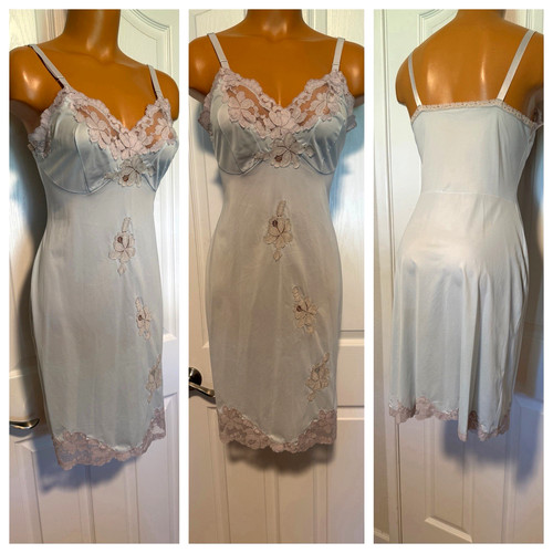 VTG 1960's RARE CAROL BRENT LINGERIE BLUE W/ GRAY LACE APPLIQUE FULL SLIP SZ 34