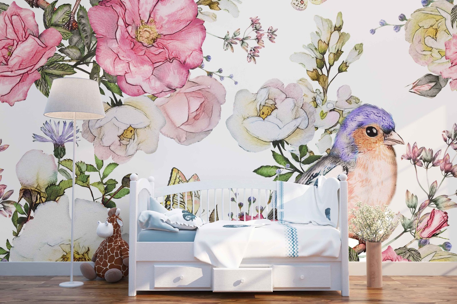 3D Flowers Birds Watercolor Wall Murals Wallpaper Murals Wall Sticker