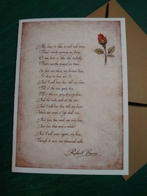 Burns Card 5 x 7'' My Love Is Like A Red Red Rose Blank With Robbie Burns poem