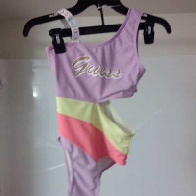 GUESS Girls One Shoulder Colorblock One-Piece Swimsuit Purple Yellow Pink