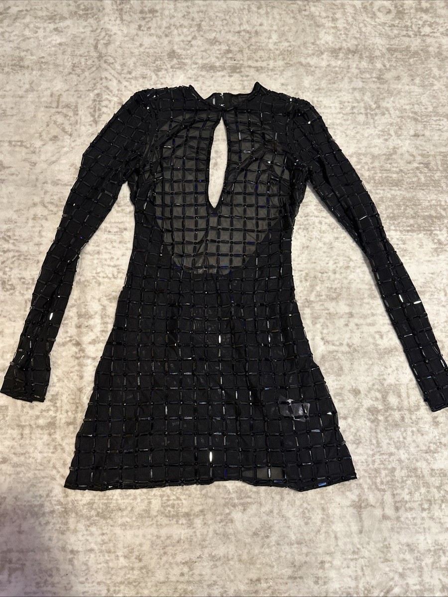 white christmas dresses Long Sleeve Embellished Cowl Neck Mini Dress in Black - 4 main image 0