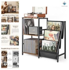 Record Player Stand 3-Tier Vinyl Storage Media Console, 50Lb Capacity, Brown Bla