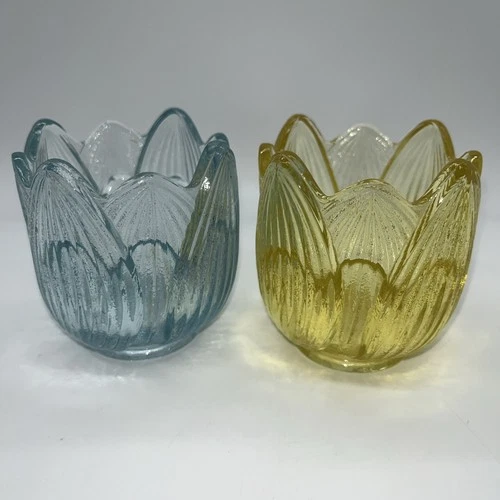 Set Of 2 Fenton Glass Tulip Lotus Leaf Votive Candle Holders Blue Yellow